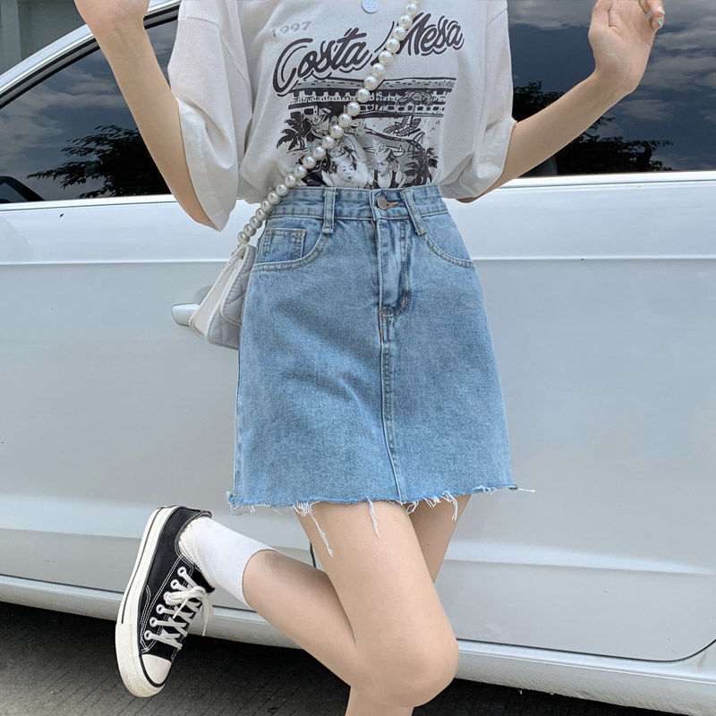 高腰牛仔短裙女裙夏薄款2022年新品显瘦毛边设计a字半身裙子ins风