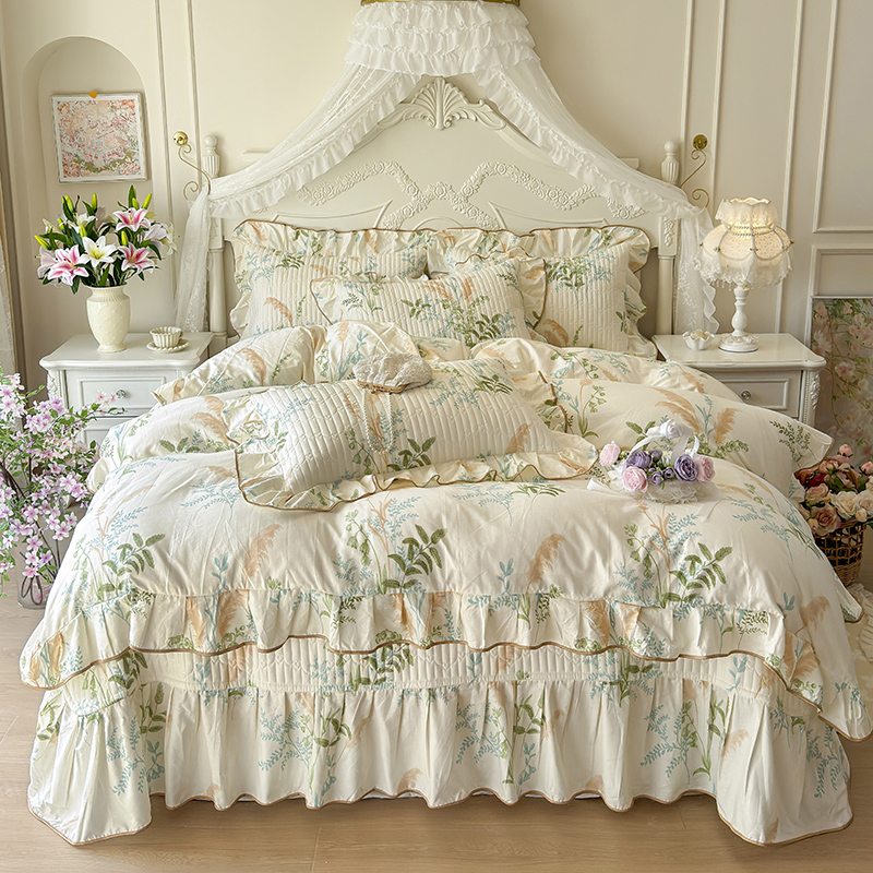 韩版公主风夹棉全棉床盖款四件套加厚防滑床罩三件套双面纯棉被套