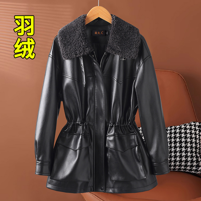 海宁绵羊皮冬季加绒新款羽绒服休闲中长外套收腰修身皮衣