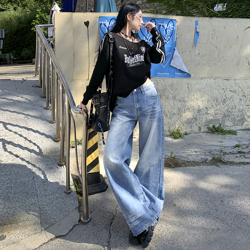 秋冬新款折痕做旧水洗牛仔裤2024新款拖地显瘦宽松时尚