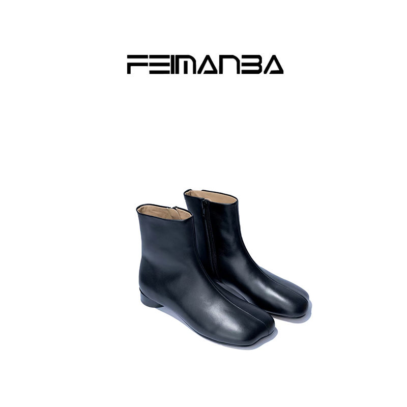 FEIMANBA新款设计师靴子短靴方头女靴时尚百搭秋季黑色粗跟