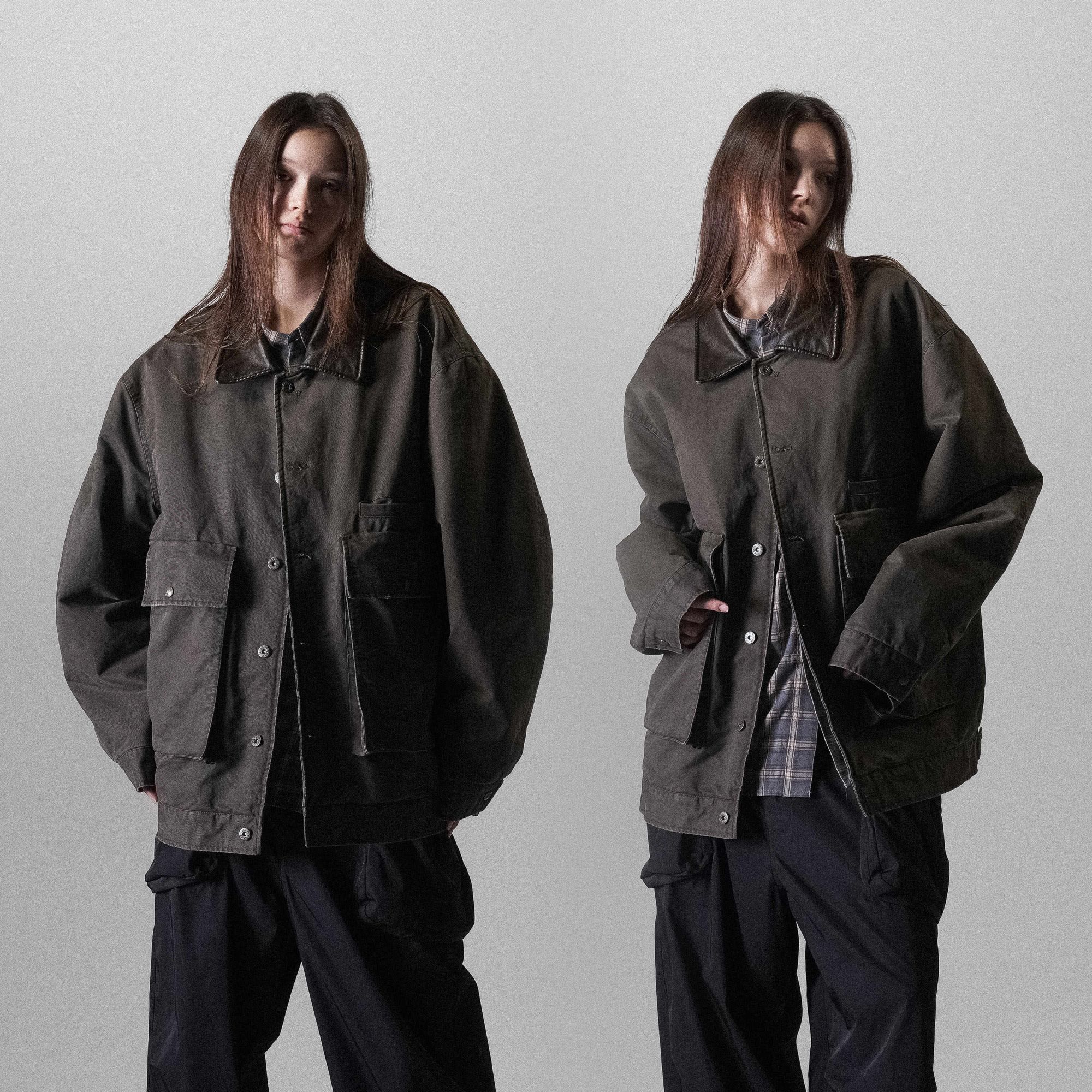 huntingold重磅水洗复古石磨做旧拼接皮领Cargo巴恩风棉服宽松