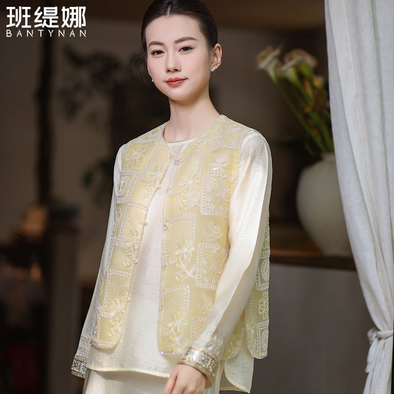 染色宽松型刺绣马甲唐装提花夏季工字型马夹气质女装时尚新中式