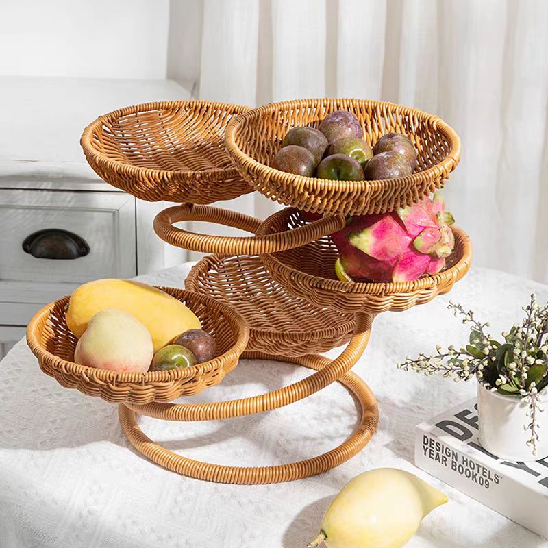C12多层创意点心水果盘收纳篮步步高升零食面包篮仿藤手工编织篮
