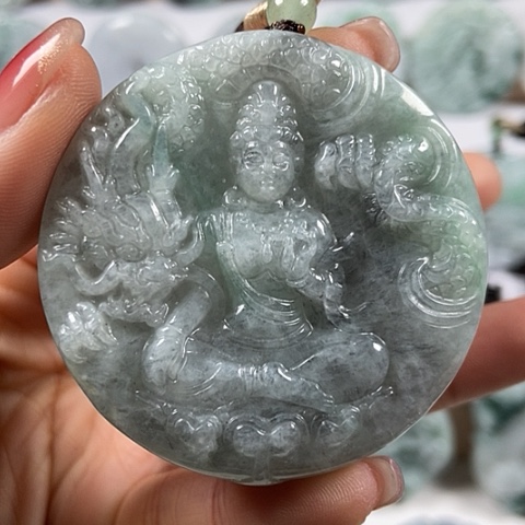 翡翠颈饰未镶嵌山水财神爷玉龙观音两面工福利