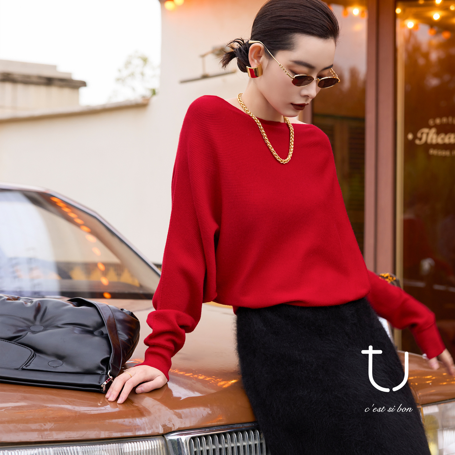 【明星同款】TU女装一字领羊毛针织衫25年新款斜肩型毛衣百搭上衣