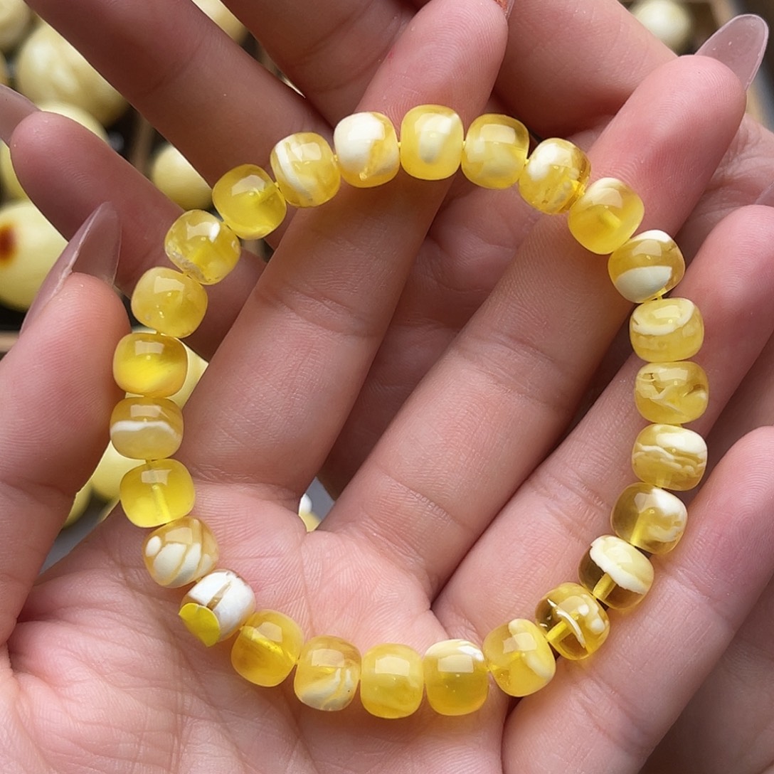 琥珀未镶嵌裸石蜜蜡老型手串卡九金白