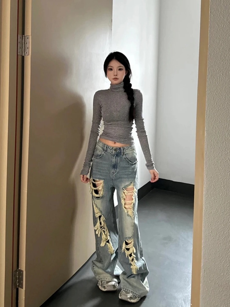 【免费试穿】美式做旧破洞牛仔裤女夏季高腰显瘦直筒梧桐阔腿拖地裤