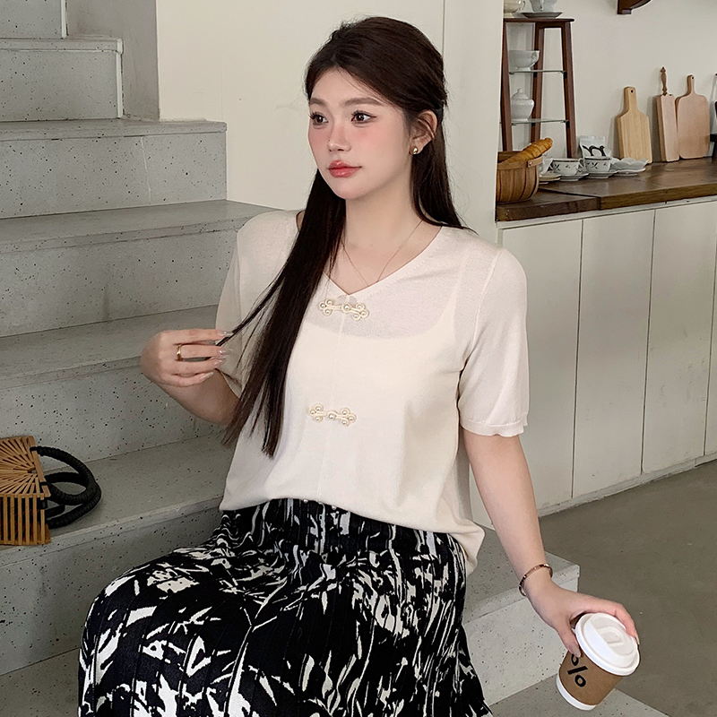 【涵胖胖】清*女装盘扣V领中式国风短袖胖mm2024夏季气质短T恤22263