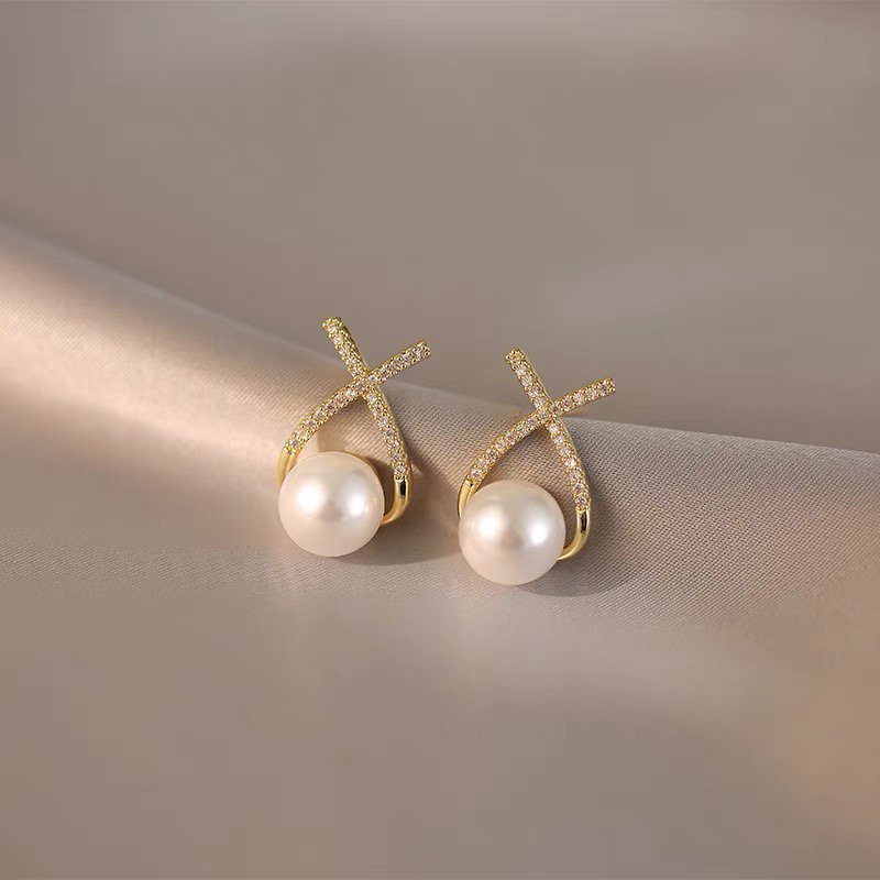 铜合金仿珍珠耳饰 【交叉人鱼尾】轻奢S925银耳钉