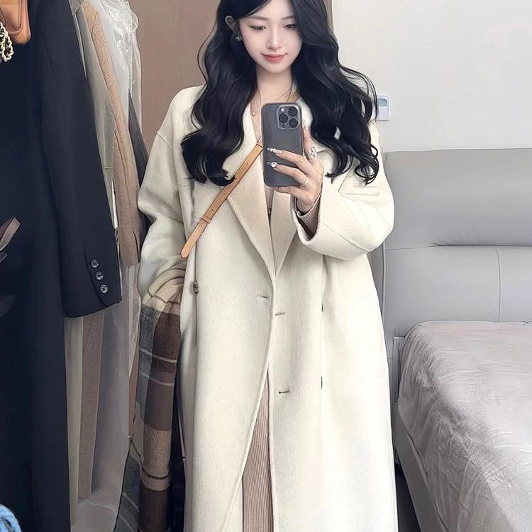 燕麦色双面毛呢大衣女2024秋冬新款韩版宽松中长款爆款呢外套