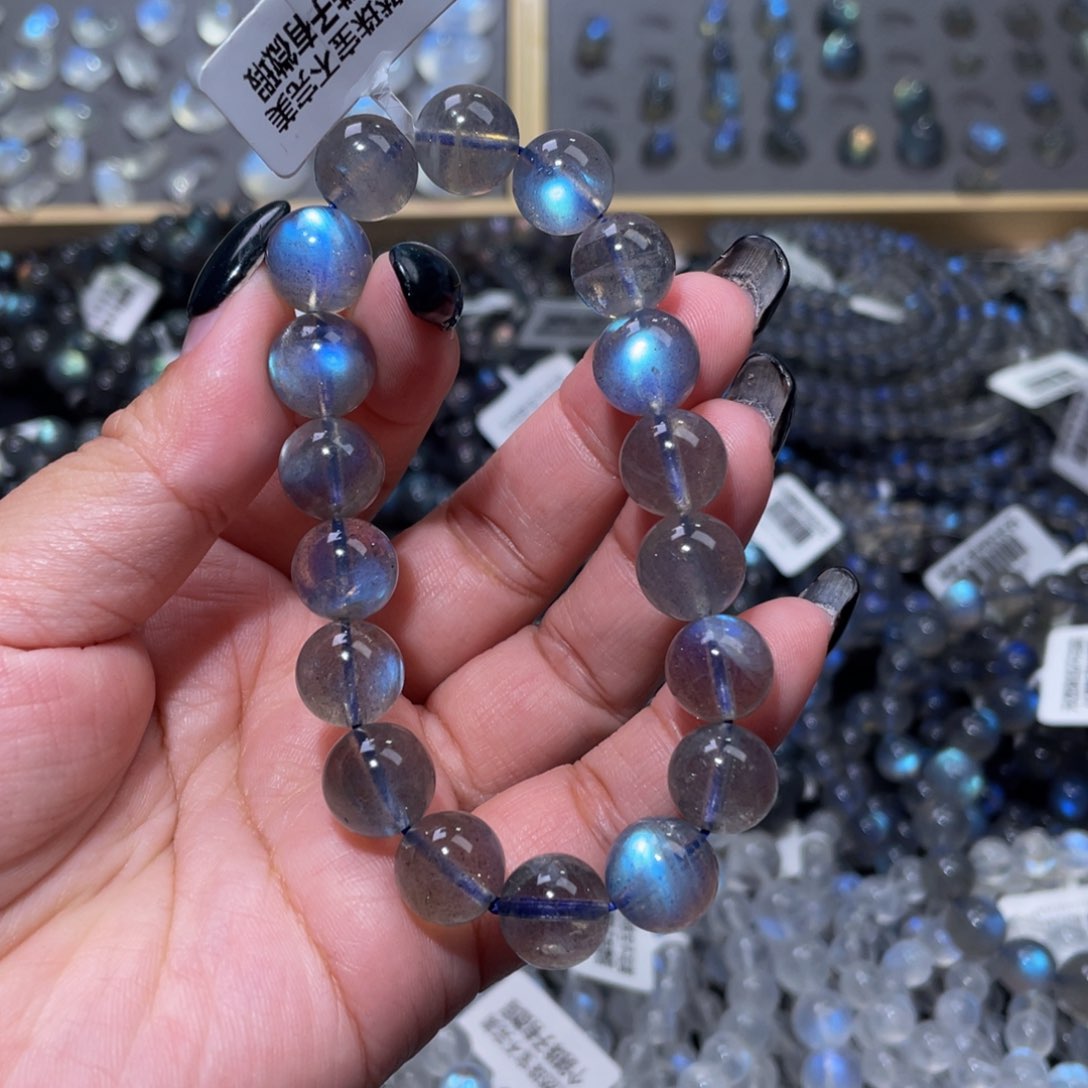 拉长石手链未镶嵌荔****宗纯蓝光灰月光手链11mm