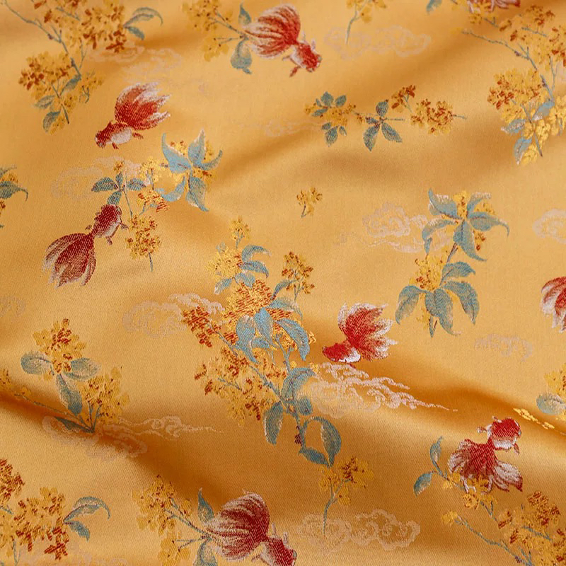金黄色祥云桂花金鱼提花准新中式国风服装面料布料柔软舒适