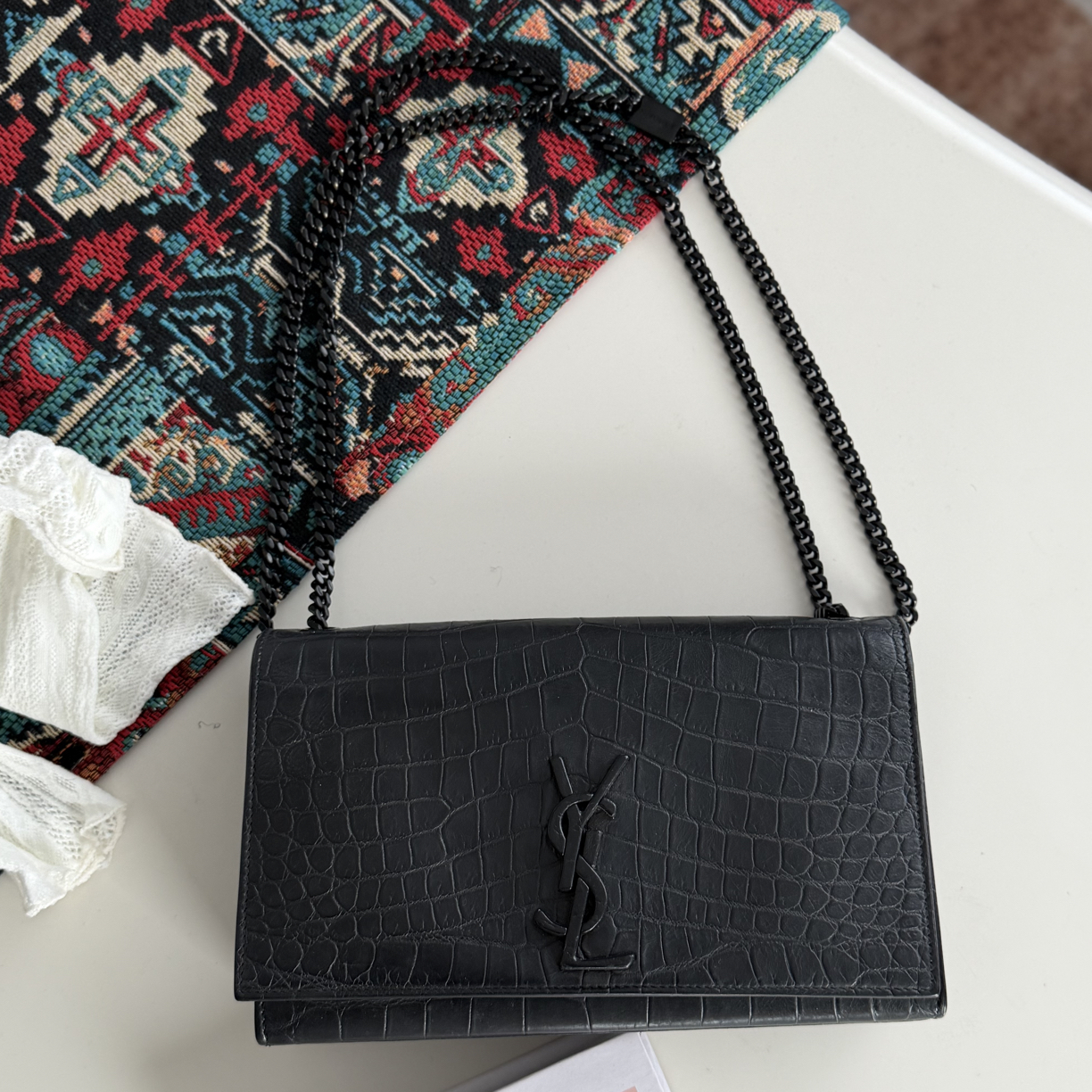 95新 YSL/圣罗兰 ysl鳄鱼压纹单肩包正品黑色