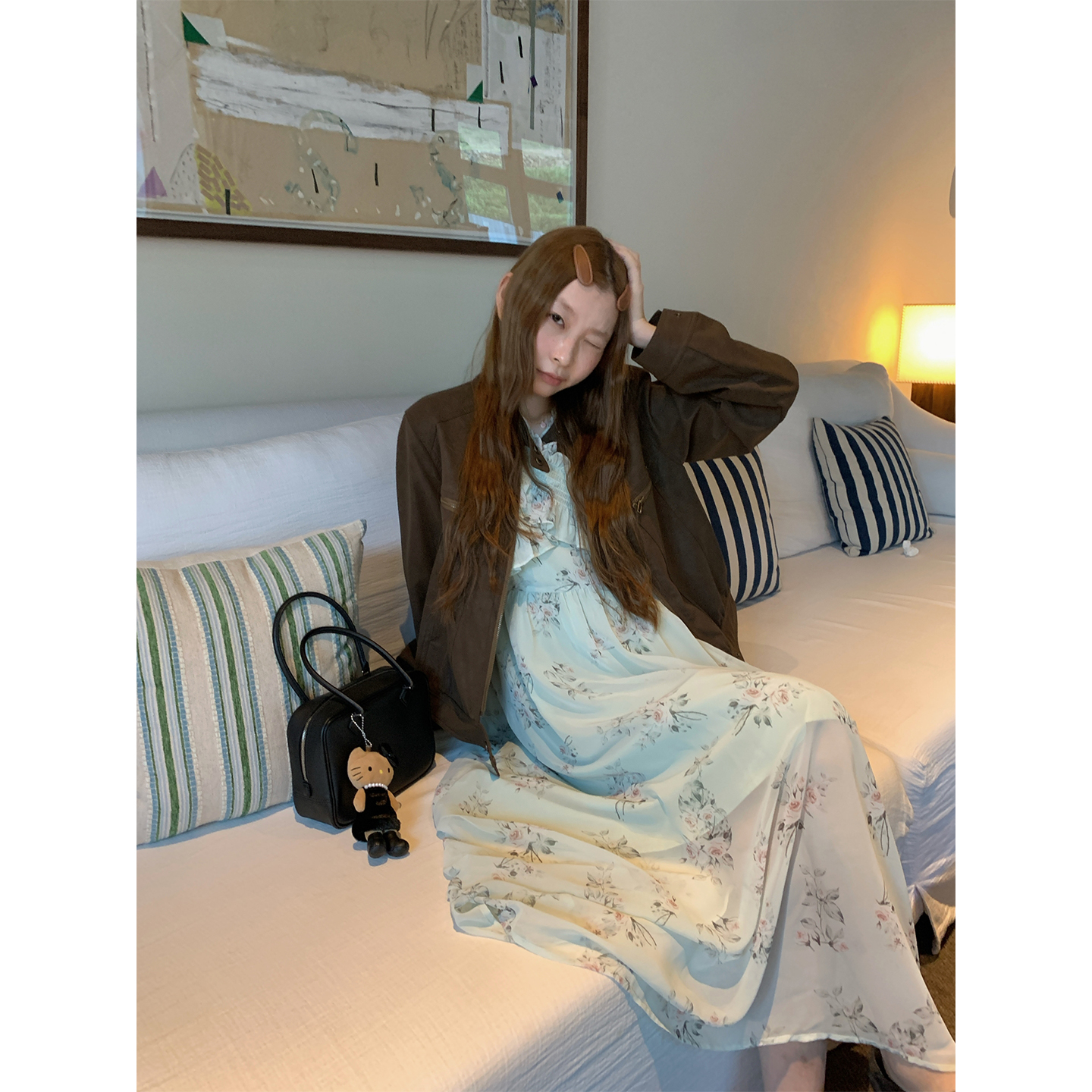 HEYGIRL黑哥 莫奈花园 法式气质v领花卉印花海边无袖碎花连衣裙