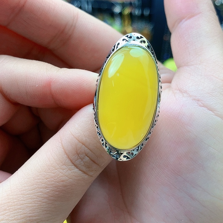 琥珀裸石银S925镶嵌戒指