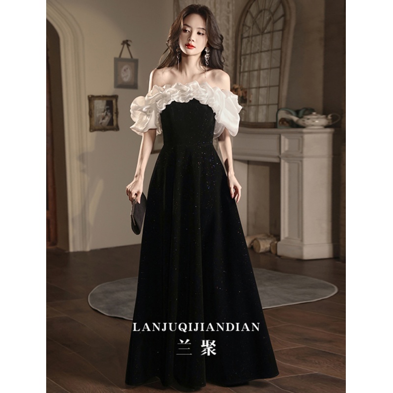 黑色晚礼服女2025新款秋季宴会毕业主持人连衣裙年会高端丝绒小众