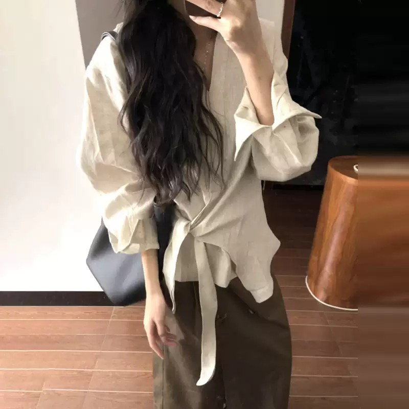 不规则设计感极简亚麻长袖衬衫女春夏休闲显瘦百搭上衣