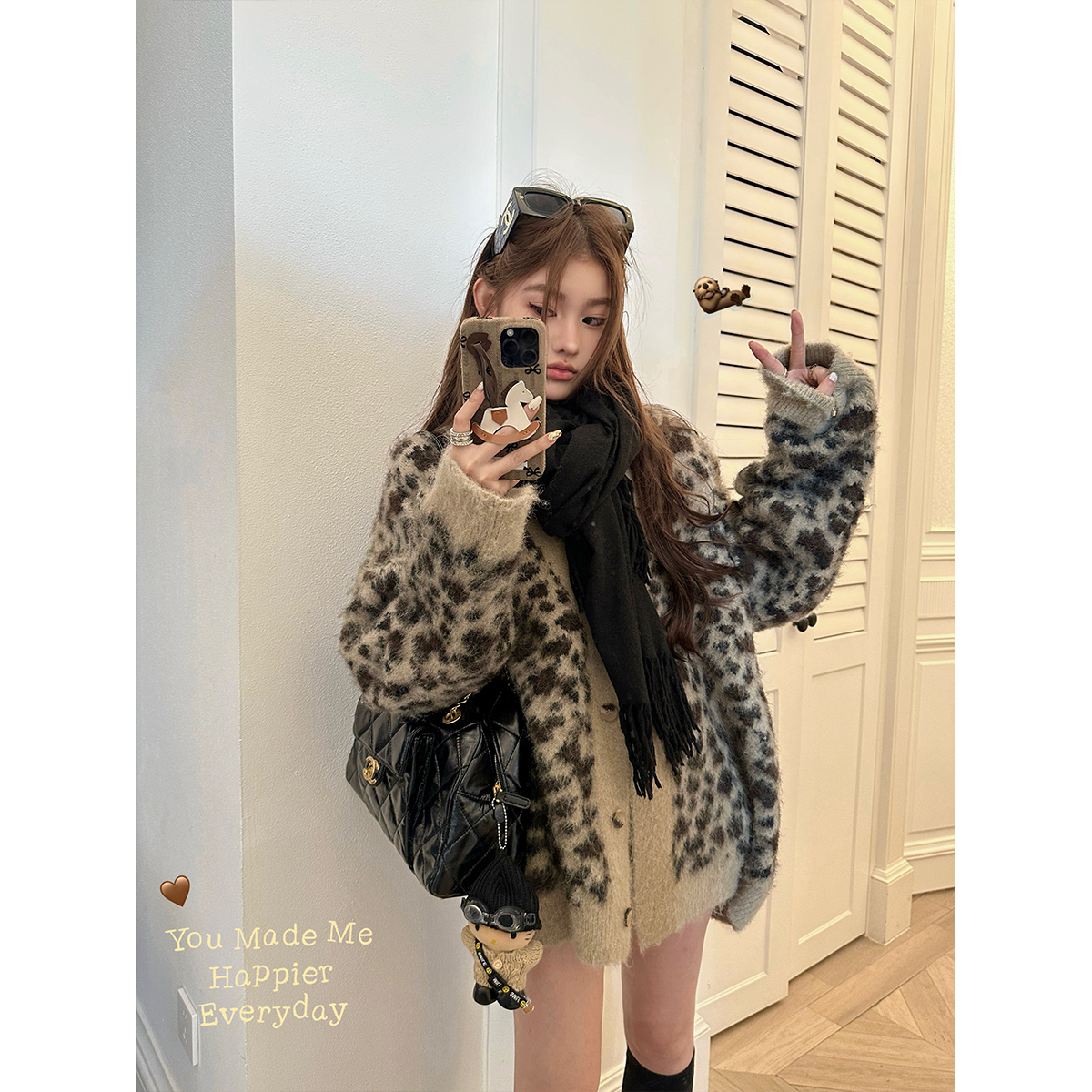 车迟恩Chien 涩谷豹豹 针织开衫秋冬 撞色豹纹宽松毛衣外套女