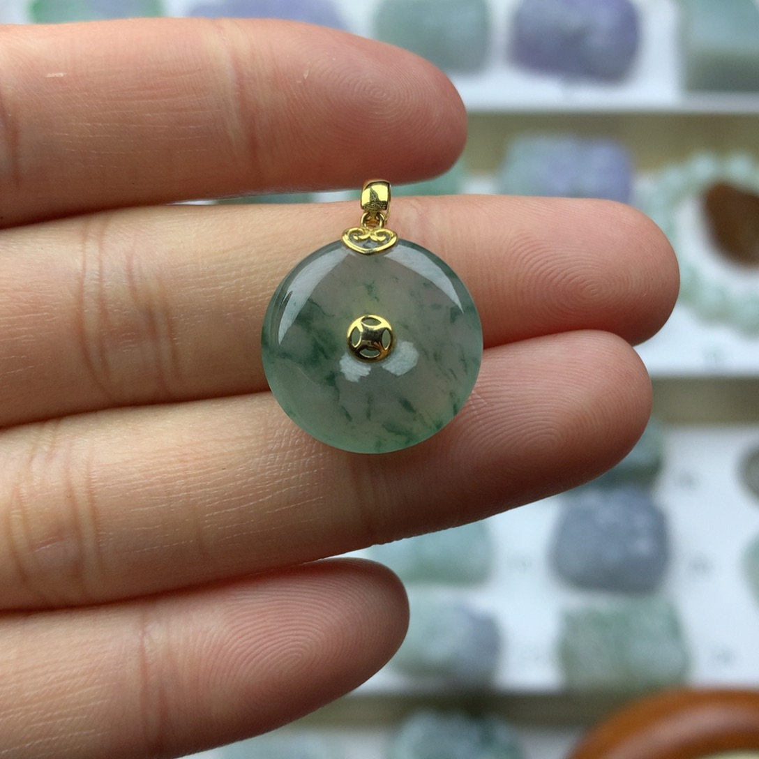 翡翠吊坠(不含链)18K金镶嵌天然缅甸翡翠A货平安扣