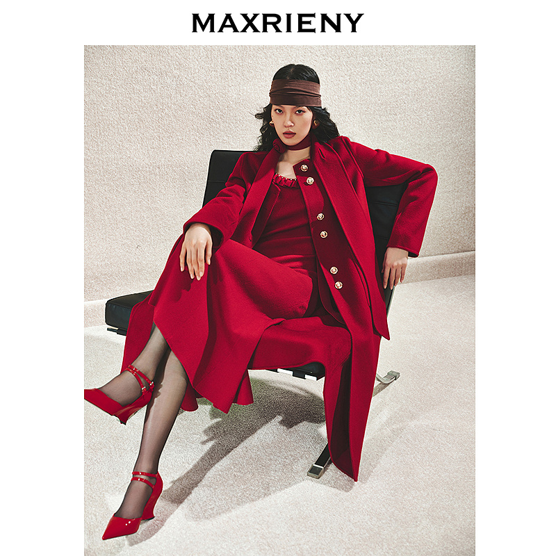 MAXRIENY【商场同款-节庆穿搭】精致复古新年红连衣裙修身针织裙