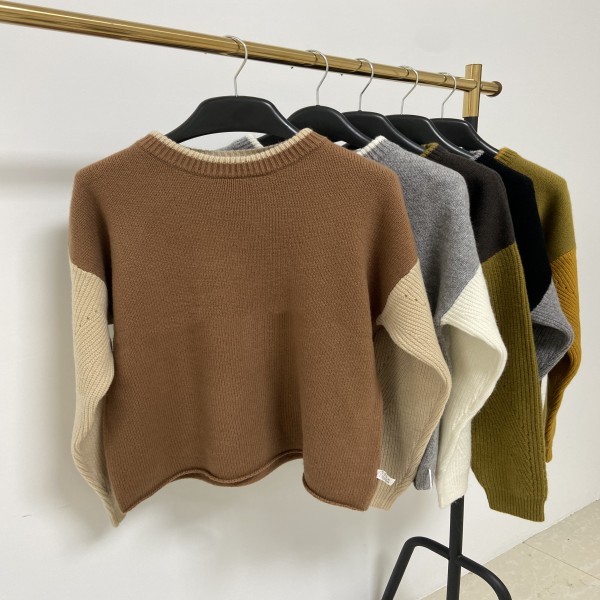 新款复古慵懒风圆领撞色时尚宽松显瘦套头针织衫