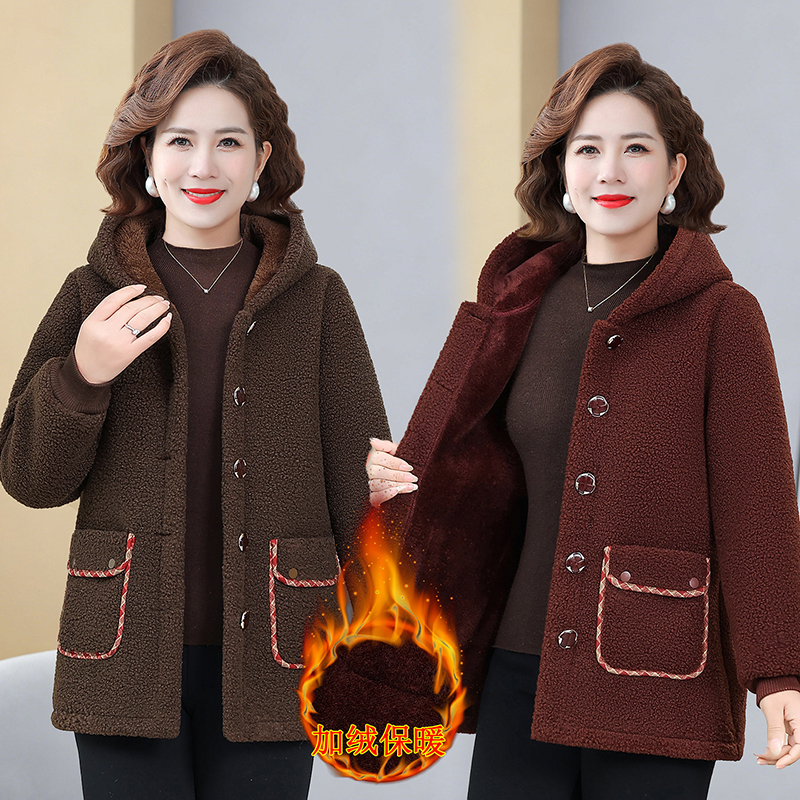 妈妈装加绒加厚连帽棉衣冬季保暖驱寒洋气中老年毛呢气质时尚外套