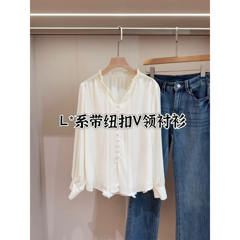 系带花朵设计V领垂感通勤双层衬衫
