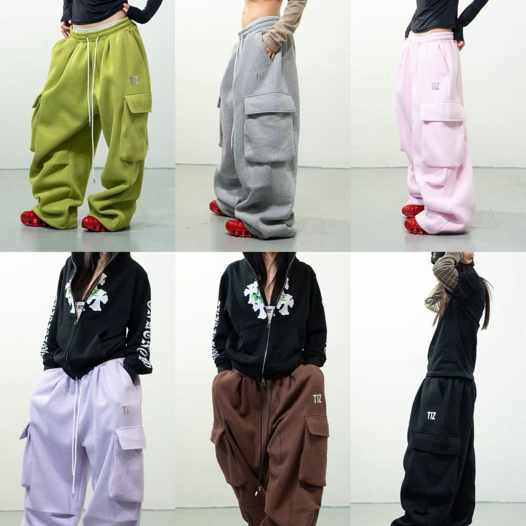 TIZ立体小标印花薄绒宽松复合口袋抽绳卫裤男女同款