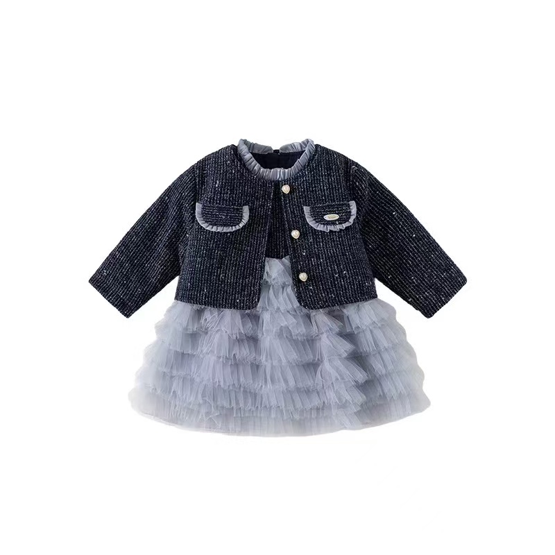 青柠家秋冬季重工小香风外套背心蓬蓬裙套装