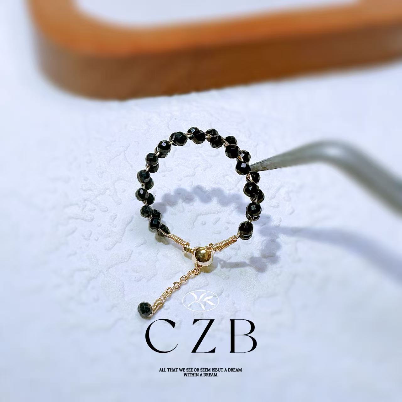 J44天然原创手工黑尖晶原双排钻切抽拉戒指戒圈