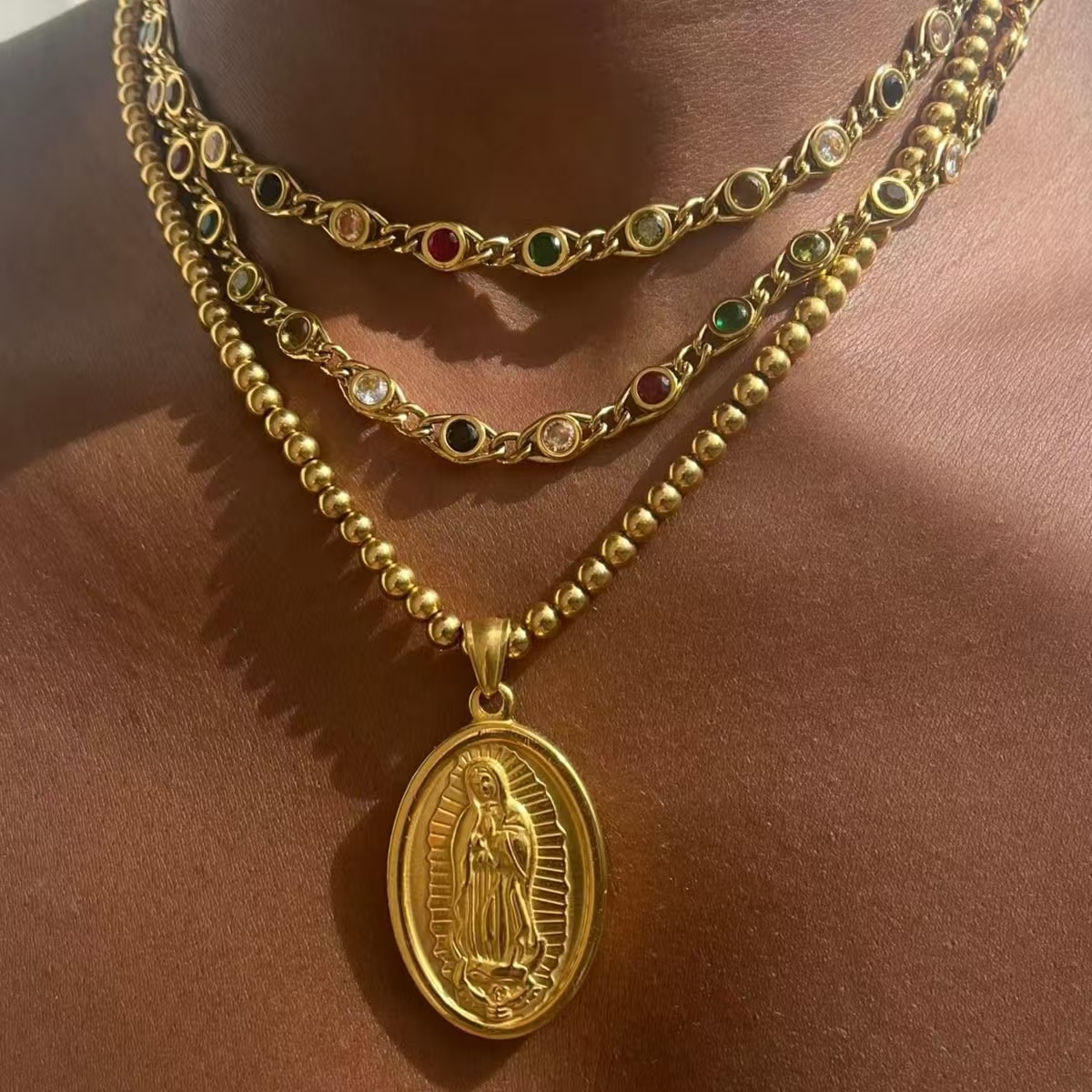 铜合金合成锆石吊坠 SSS 欧美ins超出片时尚圆珠叠层圣母吊坠项链