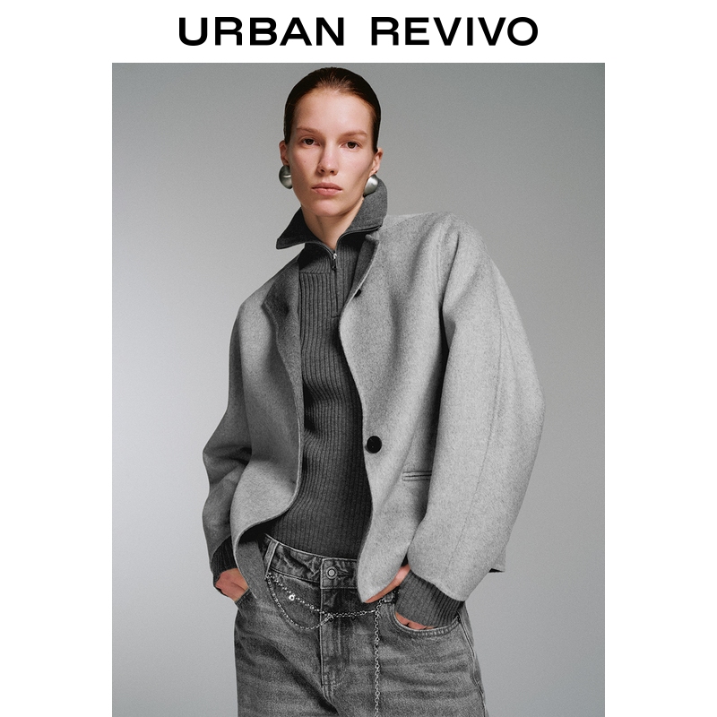 UR2026春季新款女装都市简约通勤含羊毛撞色领毛呢外套ULG150009