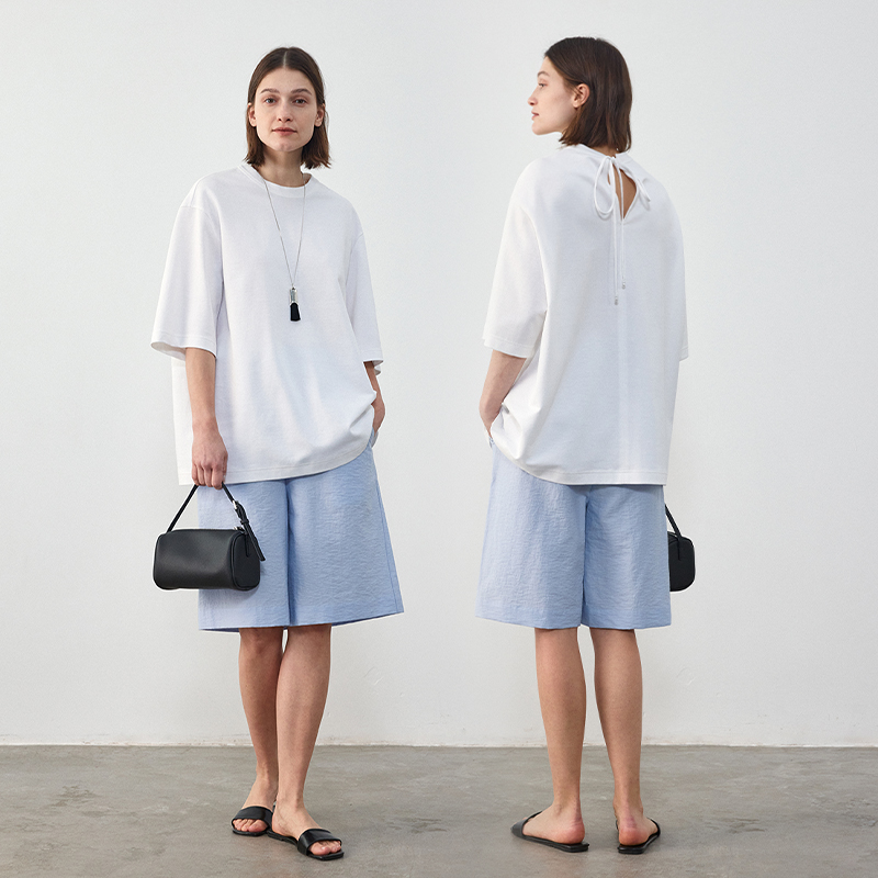 BLUEWEDIAN2025夏季后系带圆领棉T恤廓形中长款小衫上衣WD2510202