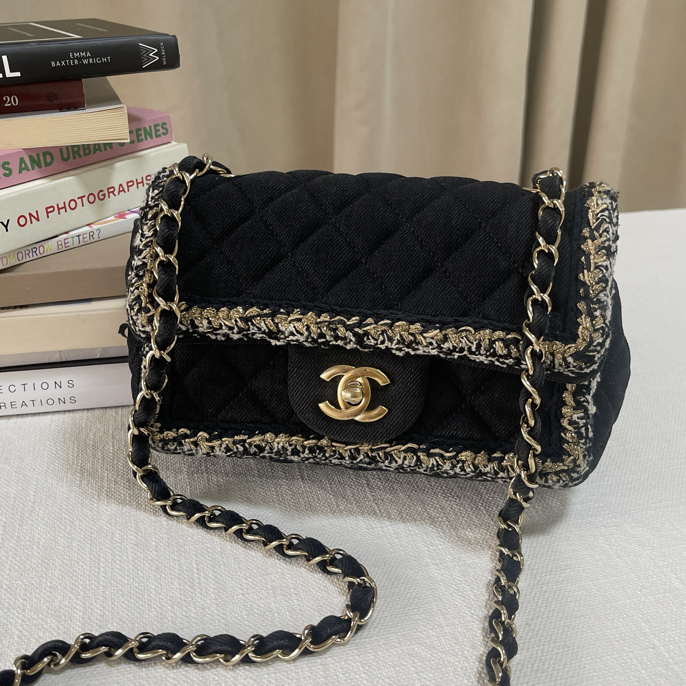 95新 Chanel/香奈儿 Chanel黑灰牛仔大mini斜挎包