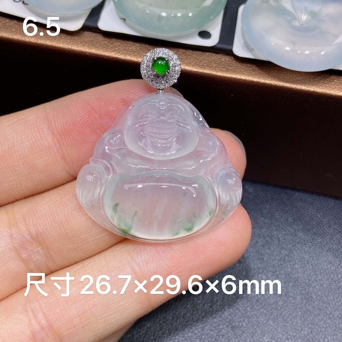 缅甸天然A货翡翠，18k金高冰种飘绿花雪花佛公吊坠，精美时尚女款S