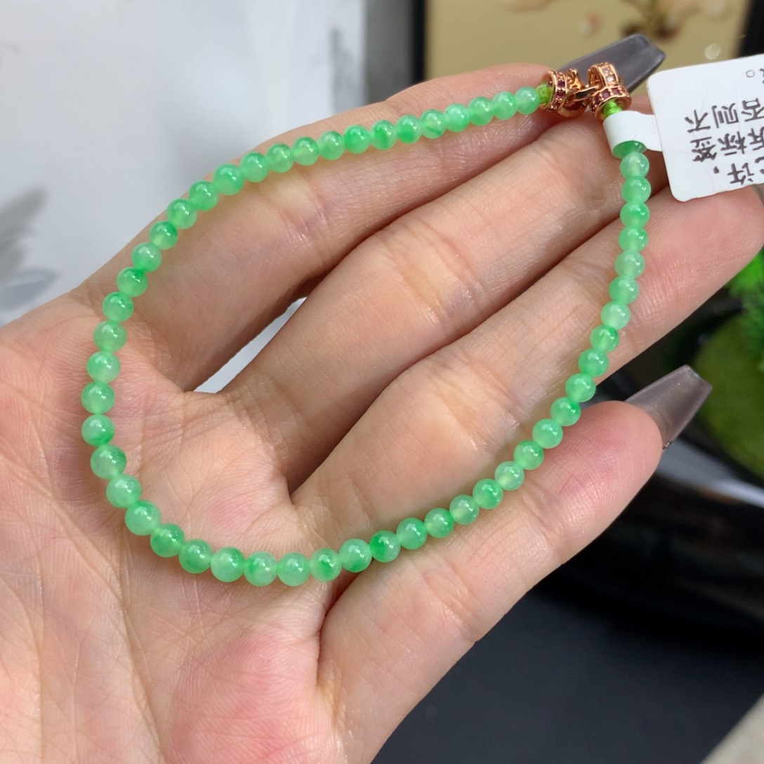 翡翠手链未镶嵌卡3-3.5冰阳绿飘花小米手串