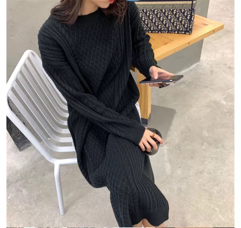 2081 祺欣家 法式简约风中长款宽松麻花设计高级感针织连衣裙