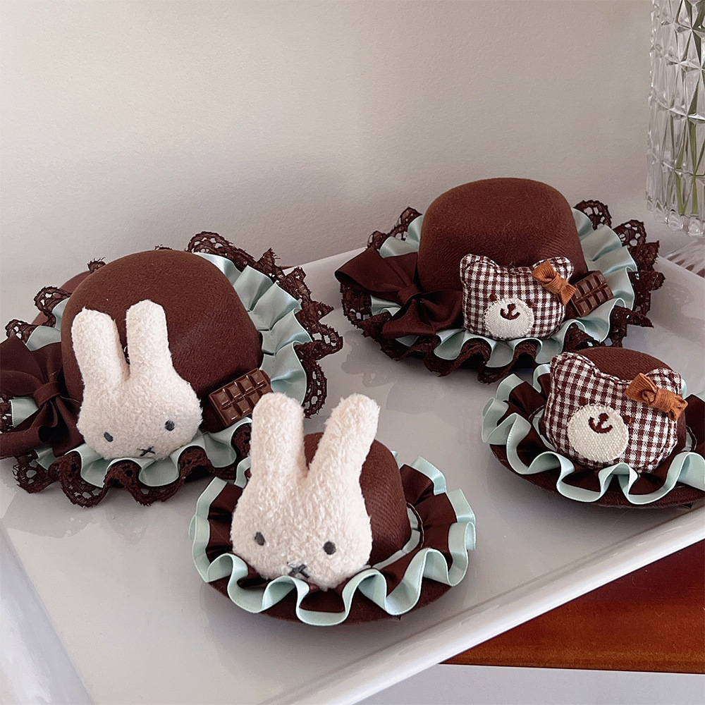 巧克力色米菲兔礼帽子可爱日系格子小熊咖啡色头饰lolita洛丽塔
