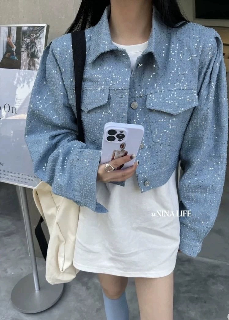 小众NINALIFE正版韩货满天星亮片短款牛仔薄棉外套女百搭休闲上衣