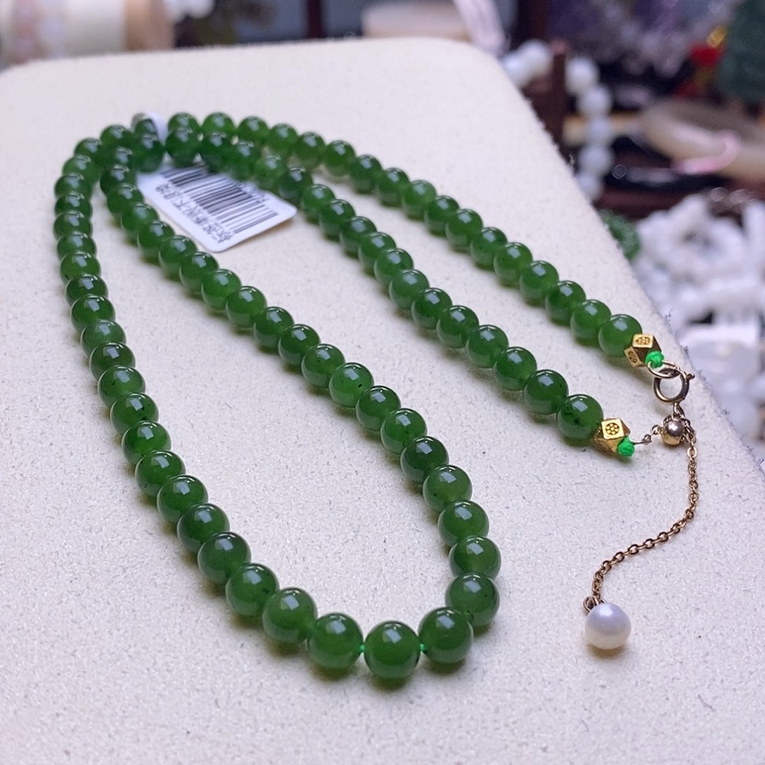 颈饰未镶嵌和田玉碧玉老矿料高冰菠菜绿项链6m