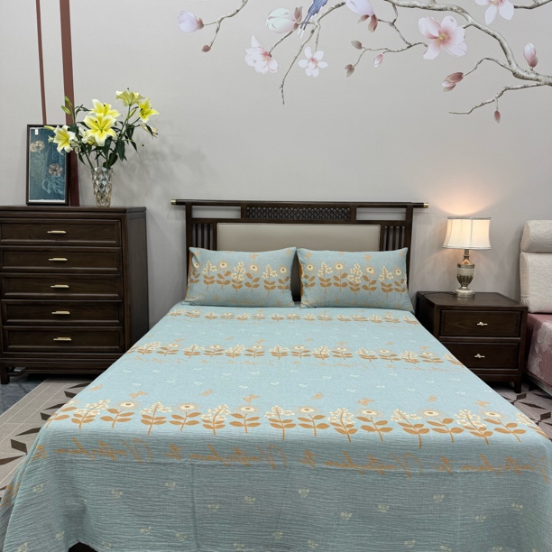 【向阳花开】全棉色织提花双层纱床单 枕套 三件套