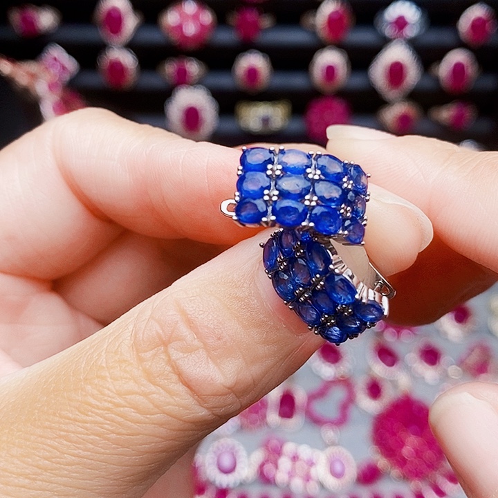 蓝宝石耳饰银S925镶嵌