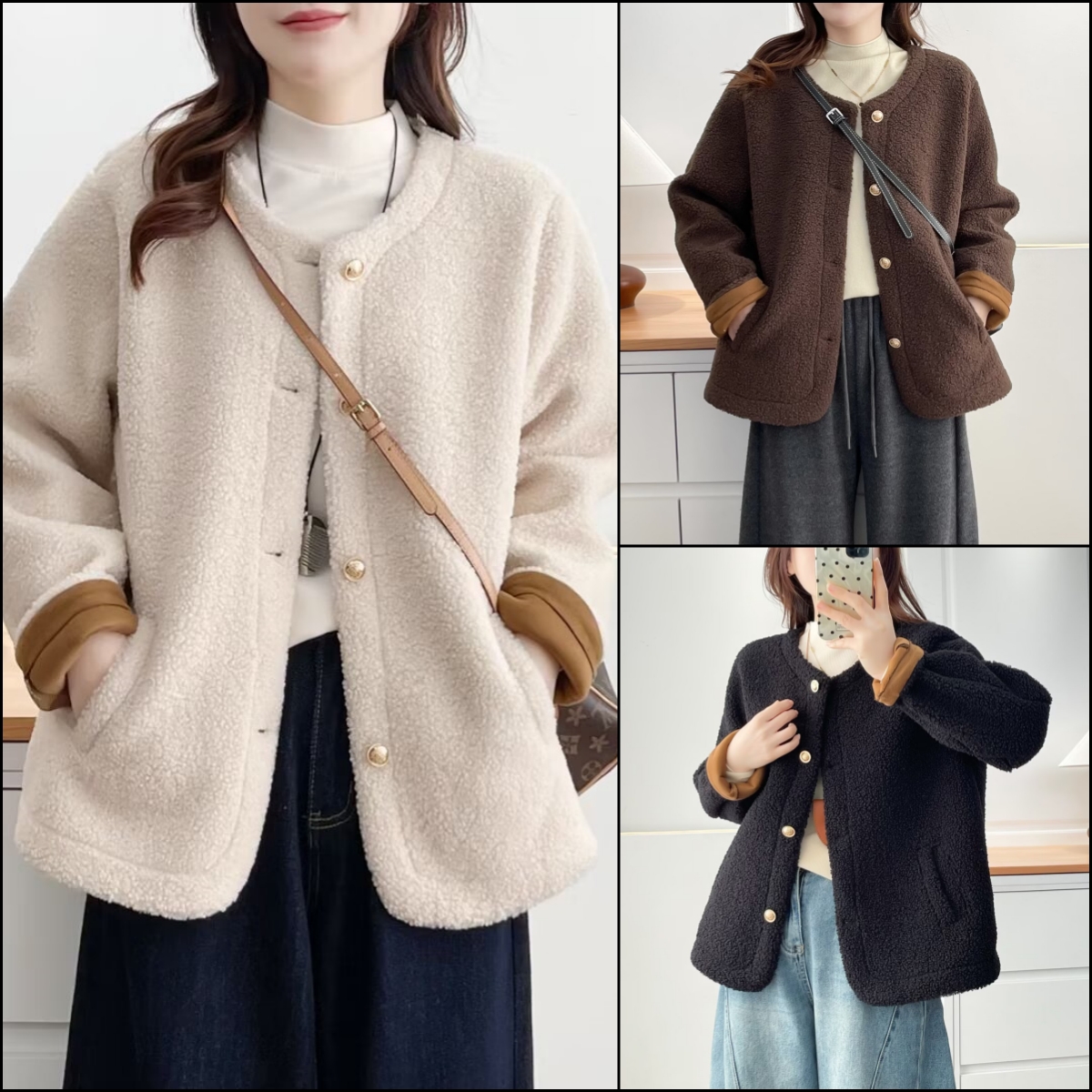 HUIZHIMEI/绘智美大码冬季新款洋气显瘦撞色小香风加厚毛毛外套女