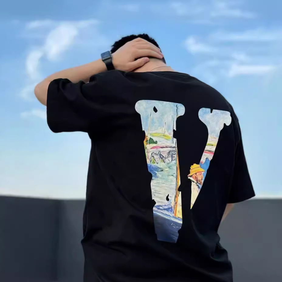 冰丝LECRAZY油画莫奈大美式潮牌夏季黑色半袖宽松轻奢痞帅情侣