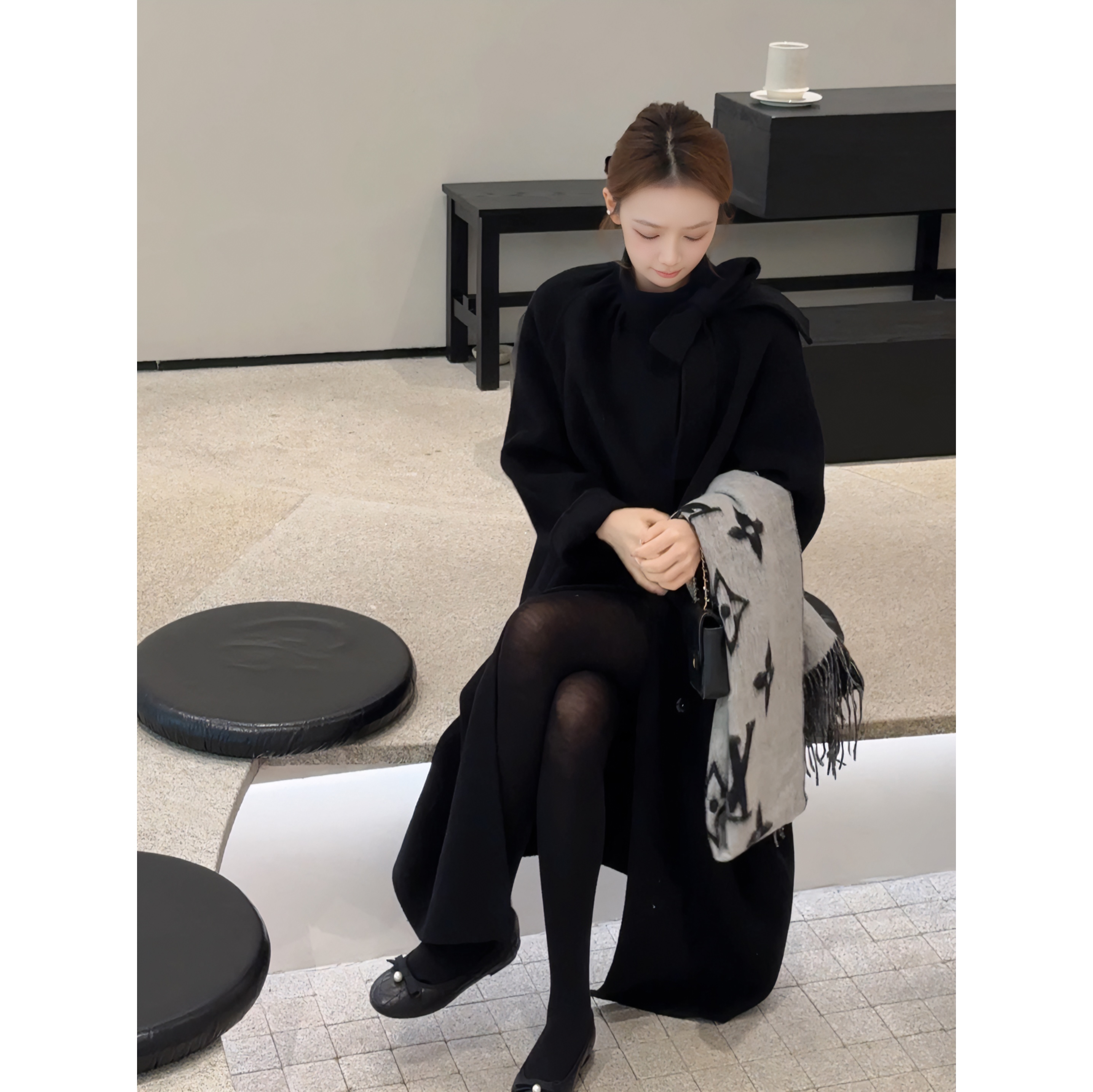 Madofit麻豆/2036 100全羊毛 黑色蝴蝶结双面呢手工大衣