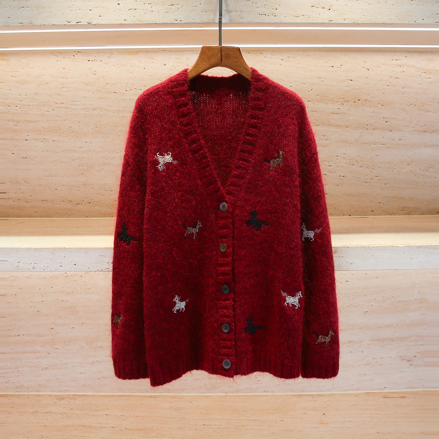 高端女装法式慵懒风V领珠绣针织开衫毛衣外套AL8783