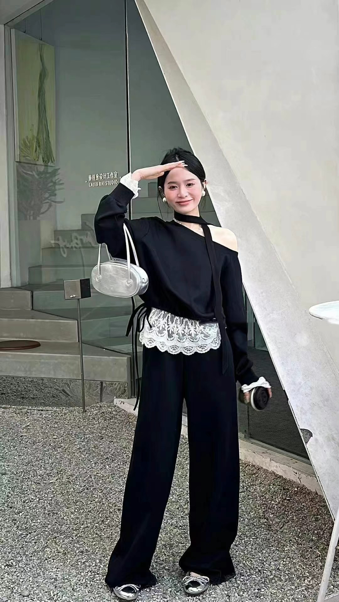 春季新款露肩长袖蕾丝拼接系带阔腿裤气质两件套女装