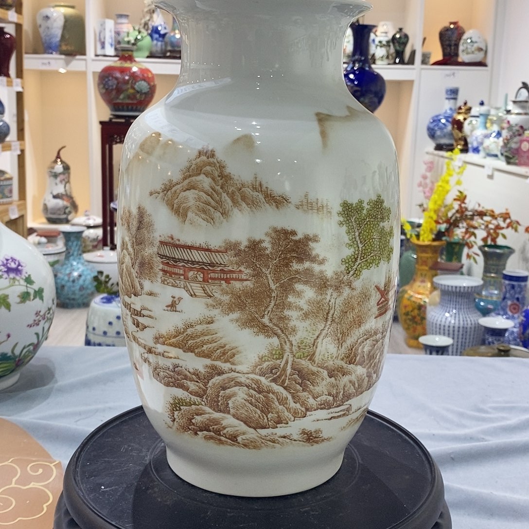 陶摆件33cm山川秀色冬瓜瓶