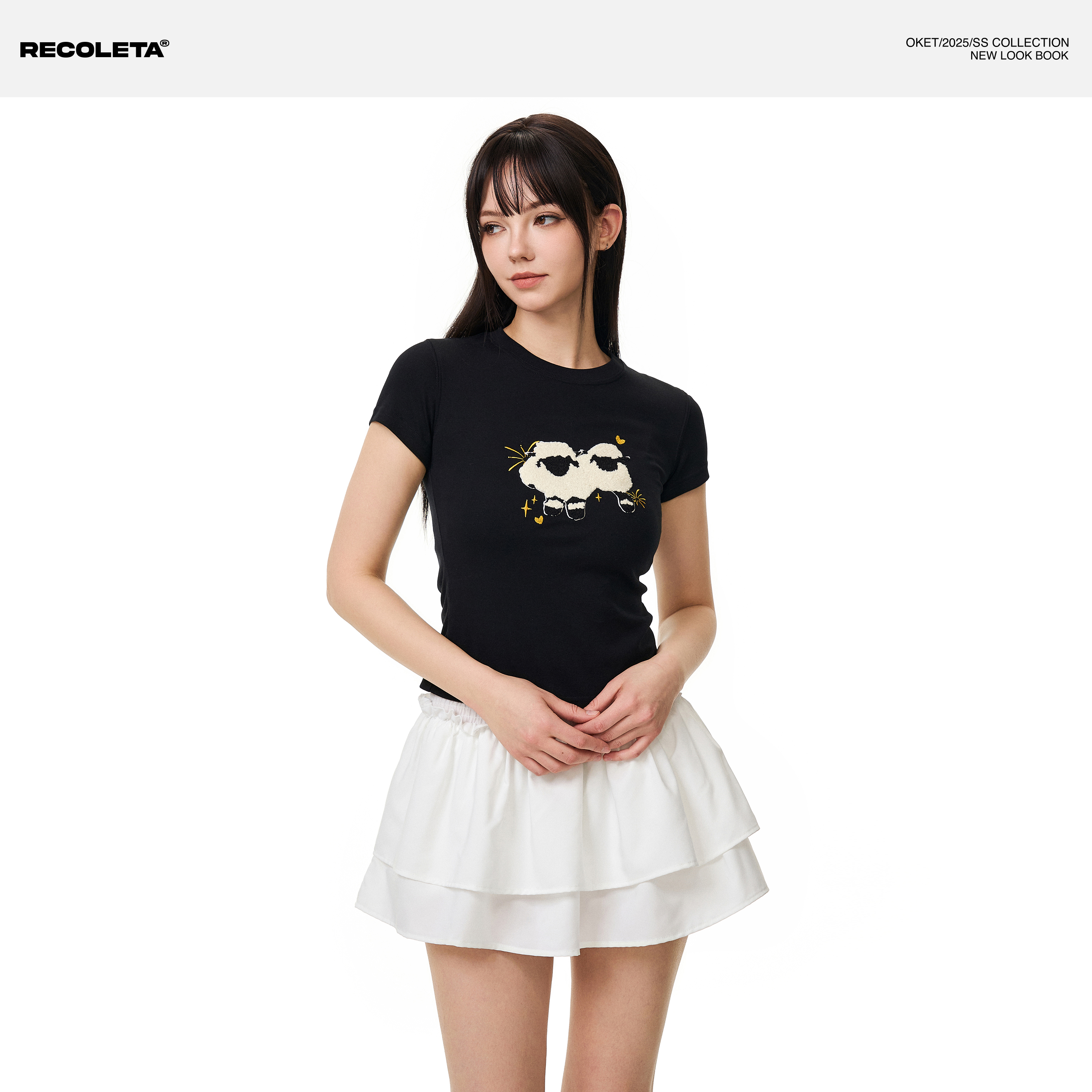 RECOLETA美式可爱小羊毛巾绣正肩短袖t恤女夏紧身显瘦短款上衣潮